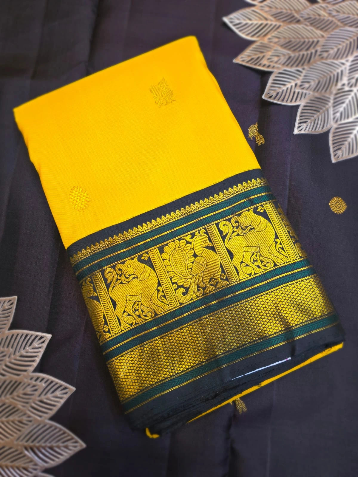 2G Pure Korvai  Kanjivaram Silk Saree in Yellow with Black & Bottle Green Zari Peacock Border and Rich Traditional Zari Pallu | Silkmark Certified