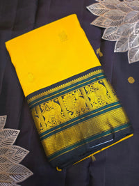 2G Pure Korvai  Kanjivaram Silk Saree in Yellow with Black & Bottle Green Zari Peacock Border and Rich Traditional Zari Pallu | Silkmark Certified