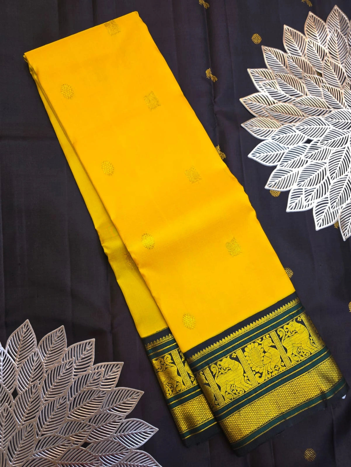 2G Pure Korvai  Kanjivaram Silk Saree in Yellow with Black & Bottle Green Zari Peacock Border and Rich Traditional Zari Pallu | Silkmark Certified