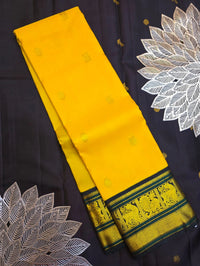2G Pure Korvai  Kanjivaram Silk Saree in Yellow with Black & Bottle Green Zari Peacock Border and Rich Traditional Zari Pallu | Silkmark Certified