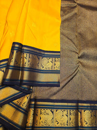 2G Pure Korvai  Kanjivaram Silk Saree in Yellow with Black & Bottle Green Zari Peacock Border and Rich Traditional Zari Pallu | Silkmark Certified