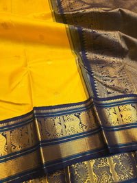 2G Pure Korvai  Kanjivaram Silk Saree in Yellow with Black & Bottle Green Zari Peacock Border and Rich Traditional Zari Pallu | Silkmark Certified