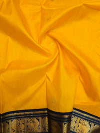 2G Pure Korvai  Kanjivaram Silk Saree in Yellow with Black & Bottle Green Zari Peacock Border and Rich Traditional Zari Pallu | Silkmark Certified