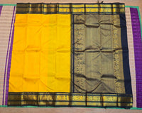 2G Pure Korvai  Kanjivaram Silk Saree in Yellow with Black & Bottle Green Zari Peacock Border and Rich Traditional Zari Pallu | Silkmark Certified