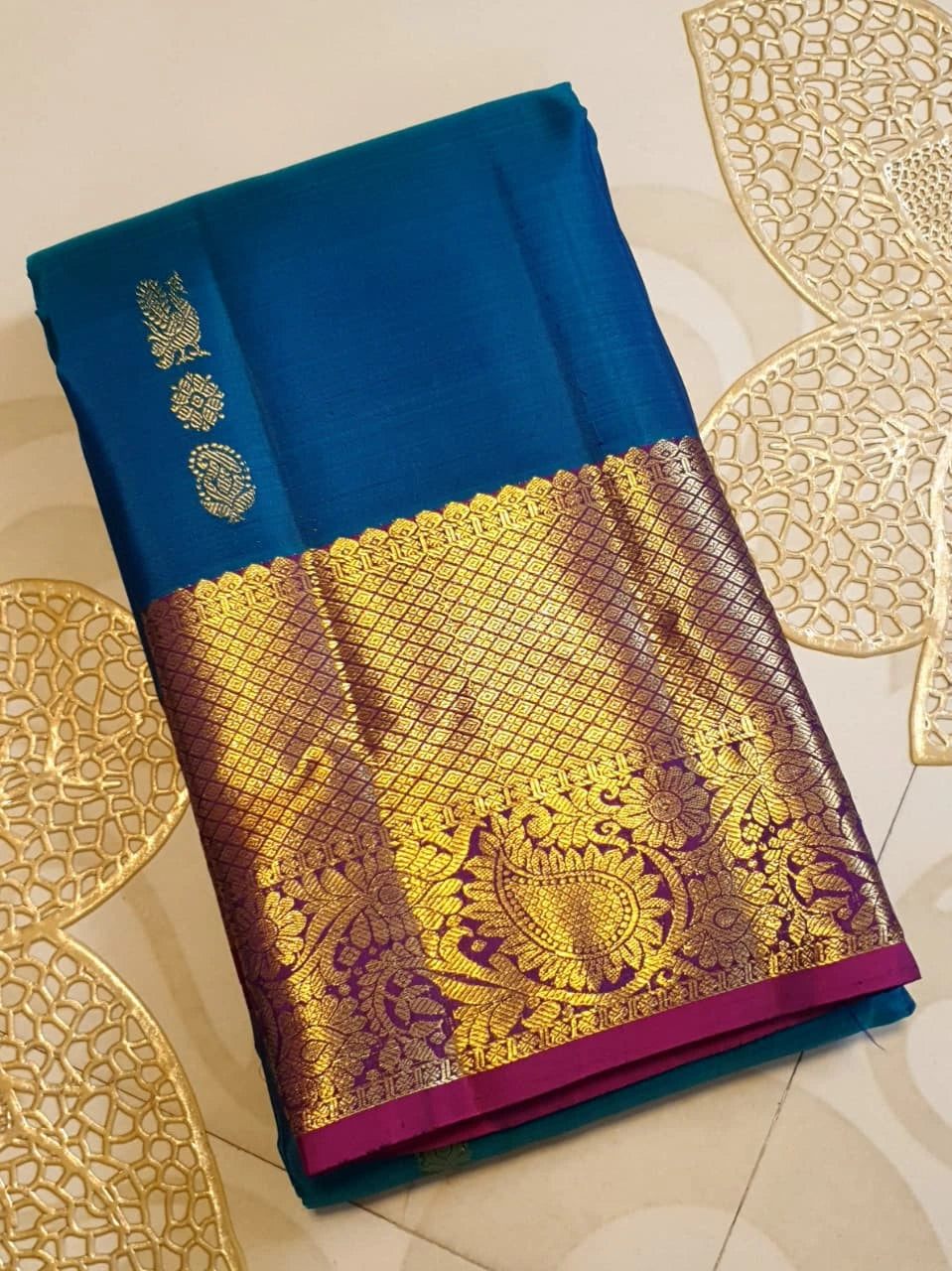 2G Pure Korvai  Kanjivaram Silk Saree in Peacock Blue with Wine Purple Rich Gold Zari Border  | Silkmark Certified