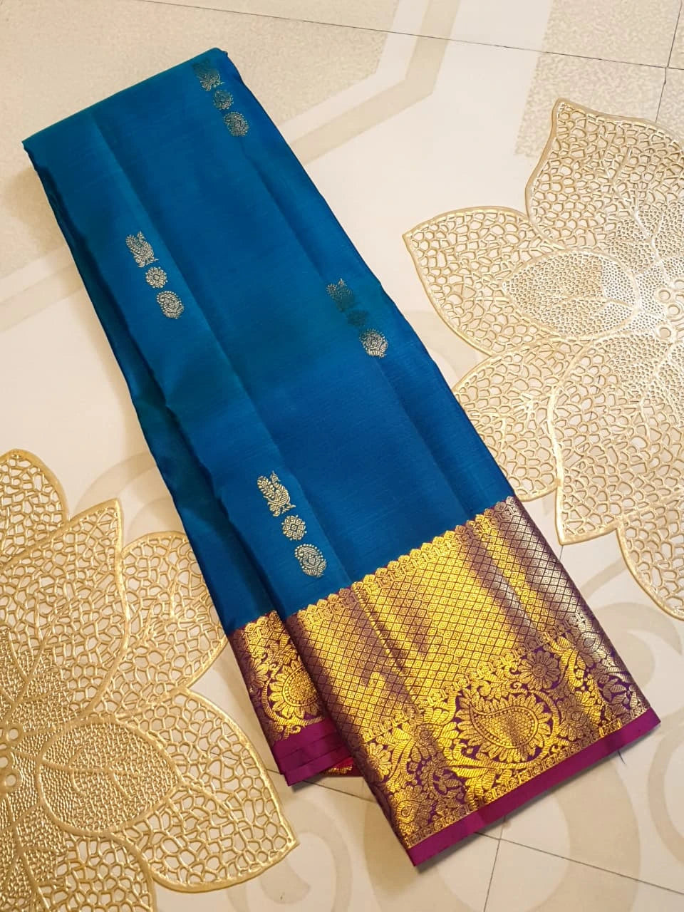 2G Pure Korvai  Kanjivaram Silk Saree in Peacock Blue with Wine Purple Rich Gold Zari Border  | Silkmark Certified