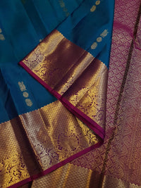 2G Pure Korvai  Kanjivaram Silk Saree in Peacock Blue with Wine Purple Rich Gold Zari Border  | Silkmark Certified