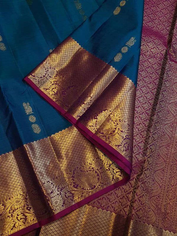 2G Pure Korvai  Kanjivaram Silk Saree in Peacock Blue with Wine Purple Rich Gold Zari Border  | Silkmark Certified