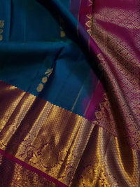 2G Pure Korvai  Kanjivaram Silk Saree in Peacock Blue with Wine Purple Rich Gold Zari Border  | Silkmark Certified