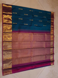 2G Pure Korvai  Kanjivaram Silk Saree in Peacock Blue with Wine Purple Rich Gold Zari Border  | Silkmark Certified