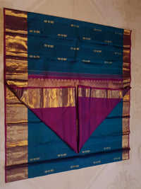 2G Pure Korvai  Kanjivaram Silk Saree in Peacock Blue with Wine Purple Rich Gold Zari Border  | Silkmark Certified