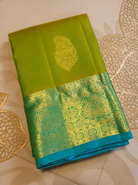 2G Pure  Lime Green Korvai  Kanjivaram Silk Saree with Blue Zari Border | Silkmark Certified