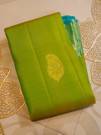 2G Pure  Lime Green Korvai  Kanjivaram Silk Saree with Blue Zari Border | Silkmark Certified