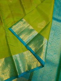 2G Pure  Lime Green Korvai  Kanjivaram Silk Saree with Blue Zari Border | Silkmark Certified