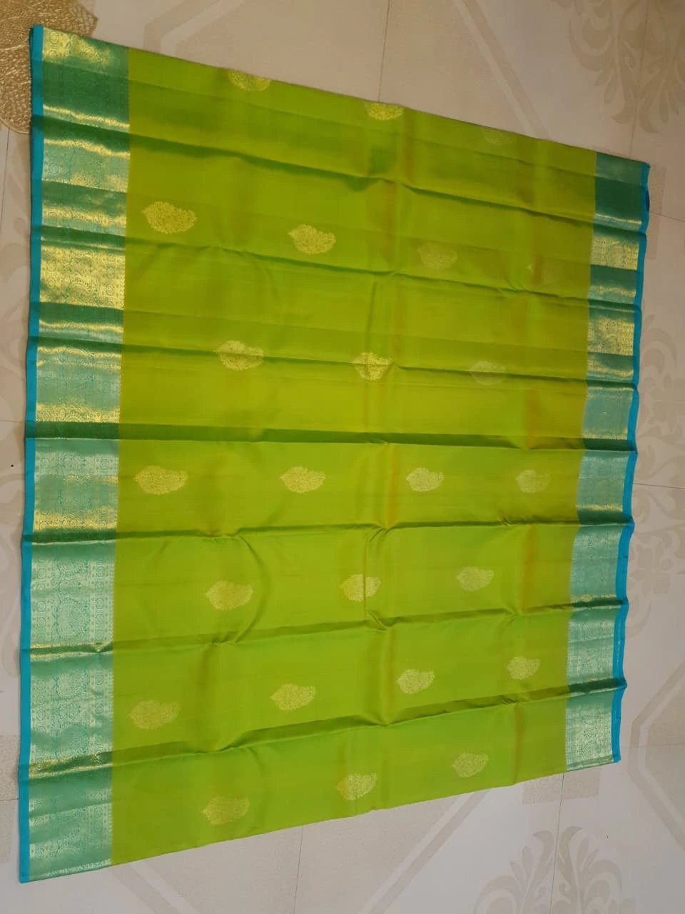 2G Pure  Lime Green Korvai  Kanjivaram Silk Saree with Blue Zari Border | Silkmark Certified