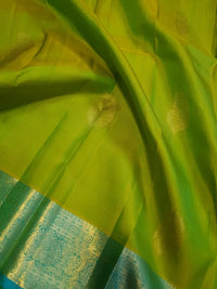 2G Pure  Lime Green Korvai  Kanjivaram Silk Saree with Blue Zari Border | Silkmark Certified