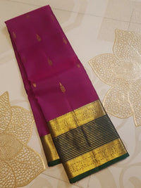 2G Pure Kanjivaram Silk Saree in Rich Magenta with Green Border & Traditional Gold Zari Butta | Silkmark Certified