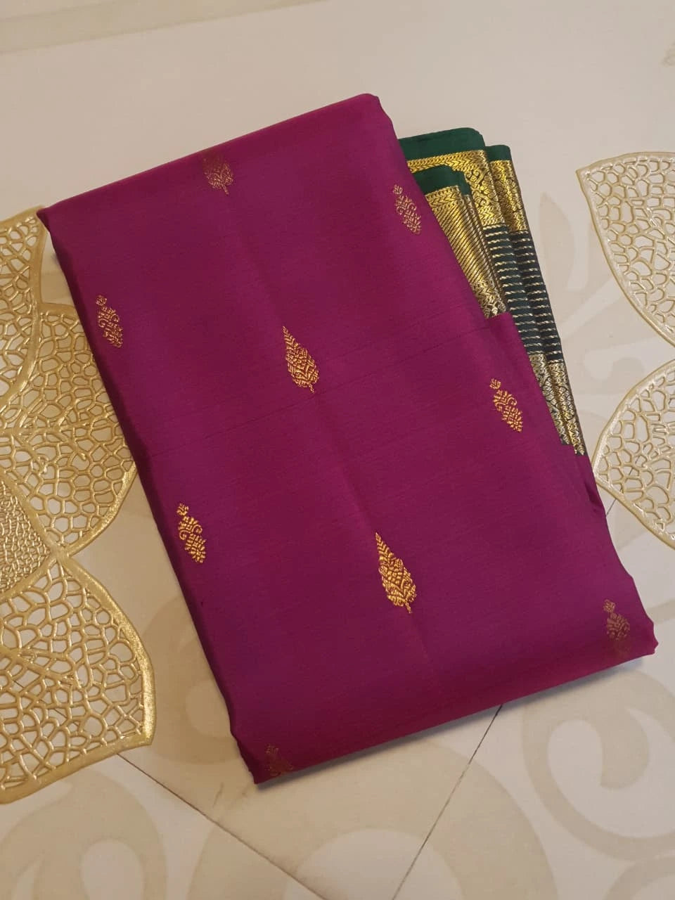 2G Pure Kanjivaram Silk Saree in Rich Magenta with Green Border & Traditional Gold Zari Butta | Silkmark Certified