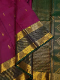 2G Pure Kanjivaram Silk Saree in Rich Magenta with Green Border & Traditional Gold Zari Butta | Silkmark Certified