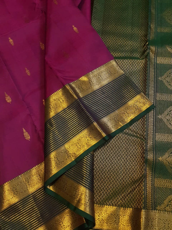 2G Pure Kanjivaram Silk Saree in Rich Magenta with Green Border & Traditional Gold Zari Butta | Silkmark Certified