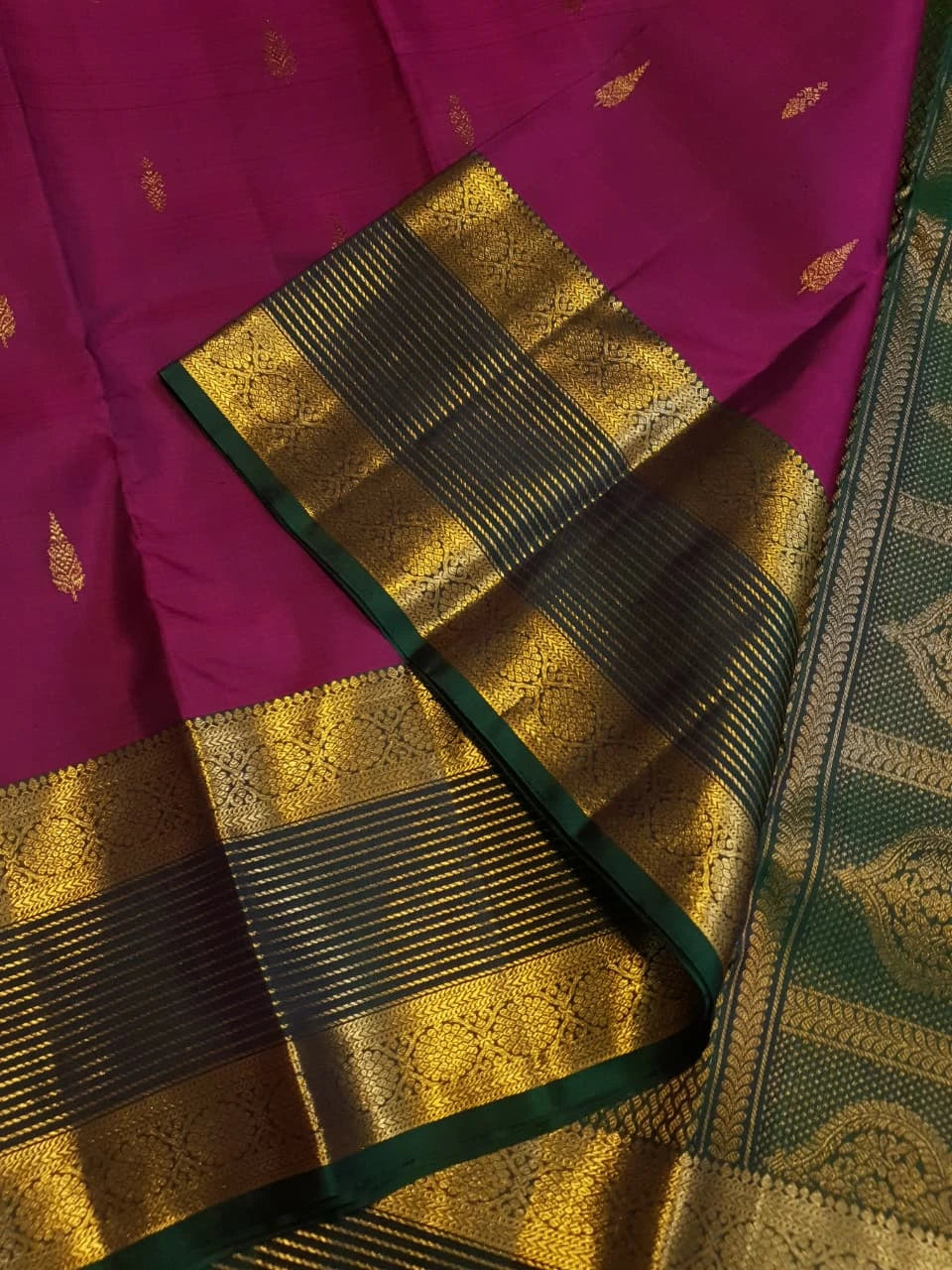 2G Pure Kanjivaram Silk Saree in Rich Magenta with Green Border & Traditional Gold Zari Butta | Silkmark Certified