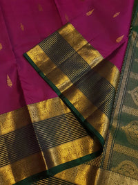 2G Pure Kanjivaram Silk Saree in Rich Magenta with Green Border & Traditional Gold Zari Butta | Silkmark Certified