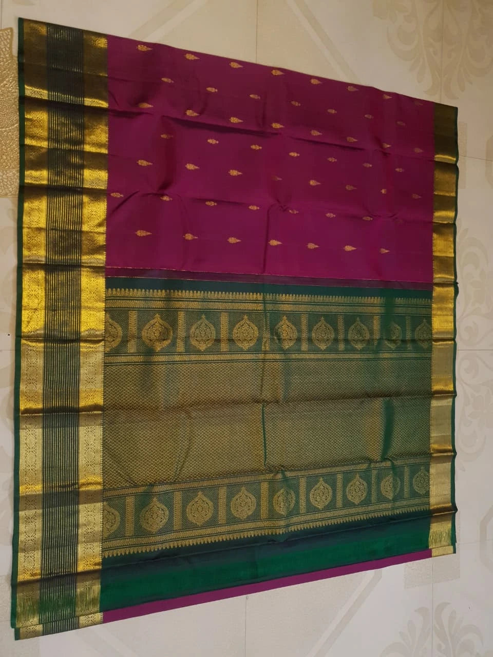 2G Pure Kanjivaram Silk Saree in Rich Magenta with Green Border & Traditional Gold Zari Butta | Silkmark Certified