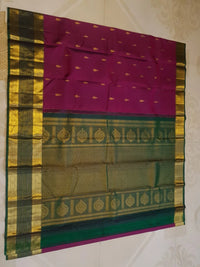 2G Pure Kanjivaram Silk Saree in Rich Magenta with Green Border & Traditional Gold Zari Butta | Silkmark Certified