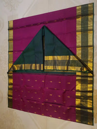 2G Pure Kanjivaram Silk Saree in Rich Magenta with Green Border & Traditional Gold Zari Butta | Silkmark Certified