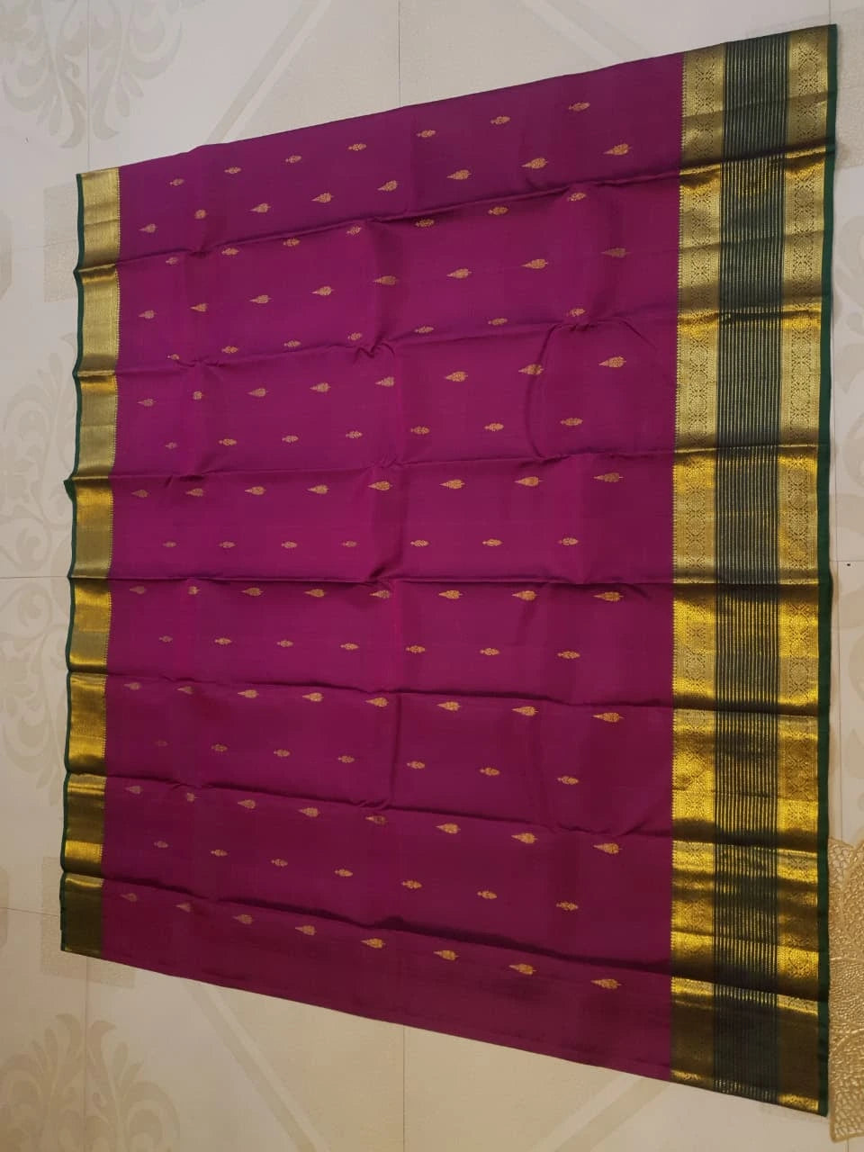 2G Pure Kanjivaram Silk Saree in Rich Magenta with Green Border & Traditional Gold Zari Butta | Silkmark Certified
