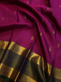 2G Pure Kanjivaram Silk Saree in Rich Magenta with Green Border & Traditional Gold Zari Butta | Silkmark Certified
