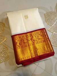 2G Pure Korvai Kanjivaram Silk Saree in Off-White with Maroon Contrast Peacock Border  | Silkmark Certified