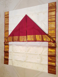 2G Pure Korvai Kanjivaram Silk Saree in Off-White with Maroon Contrast Peacock Border  | Silkmark Certified