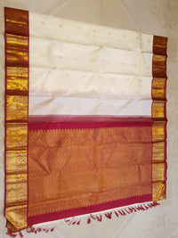 2G Pure Korvai Kanjivaram Silk Saree in Off-White with Maroon Contrast Peacock Border  | Silkmark Certified