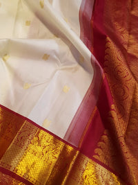 2G Pure Korvai Kanjivaram Silk Saree in Off-White with Maroon Contrast Peacock Border  | Silkmark Certified