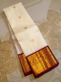 2G Pure Korvai Kanjivaram Silk Saree in Off-White with Maroon Contrast Peacock Border  | Silkmark Certified