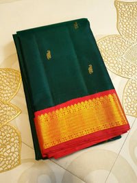 2 Gram Pure Zari Korvai Kanjivaram Silk Saree in Deep Bottle Green with Red Border & | Silkmark Certified
