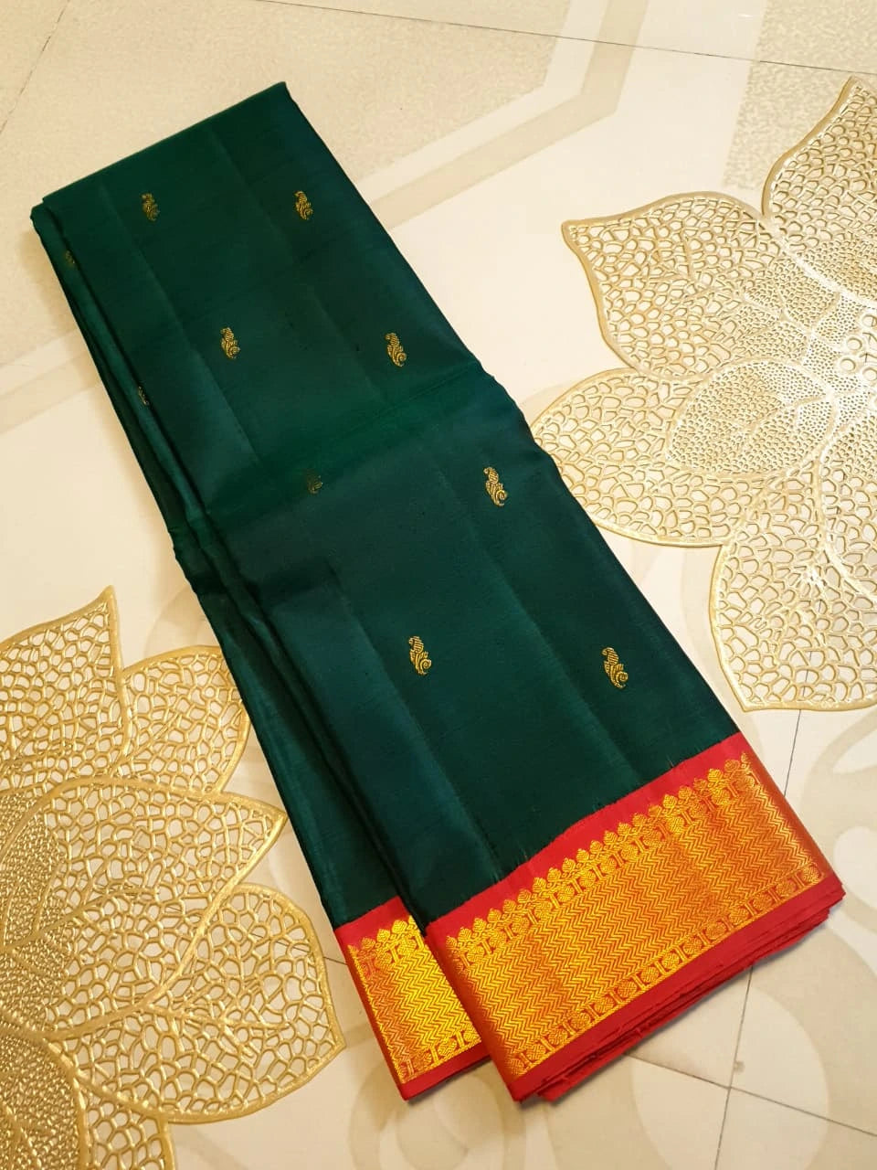 2 Gram Pure Zari Korvai Kanjivaram Silk Saree in Deep Bottle Green with Red Border & | Silkmark Certified