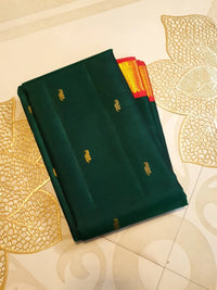2 Gram Pure Zari Korvai Kanjivaram Silk Saree in Deep Bottle Green with Red Border & | Silkmark Certified