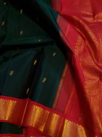 2 Gram Pure Zari Korvai Kanjivaram Silk Saree in Deep Bottle Green with Red Border & | Silkmark Certified
