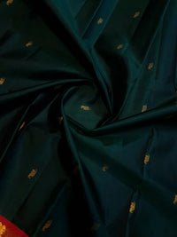 2 Gram Pure Zari Korvai Kanjivaram Silk Saree in Deep Bottle Green with Red Border & | Silkmark Certified