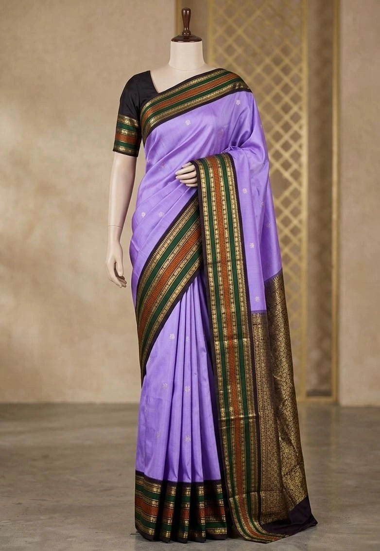 2G Pure Korvai Kanjivaram Silk Saree in Purple with Black & Gold Zari Elephant Border & Peacock Butta | Prahla Silks