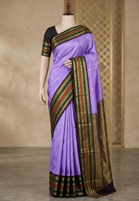 2G Pure Korvai Kanjivaram Silk Saree in Purple with Black & Gold Zari Elephant Border & Peacock Butta | Prahla Silks