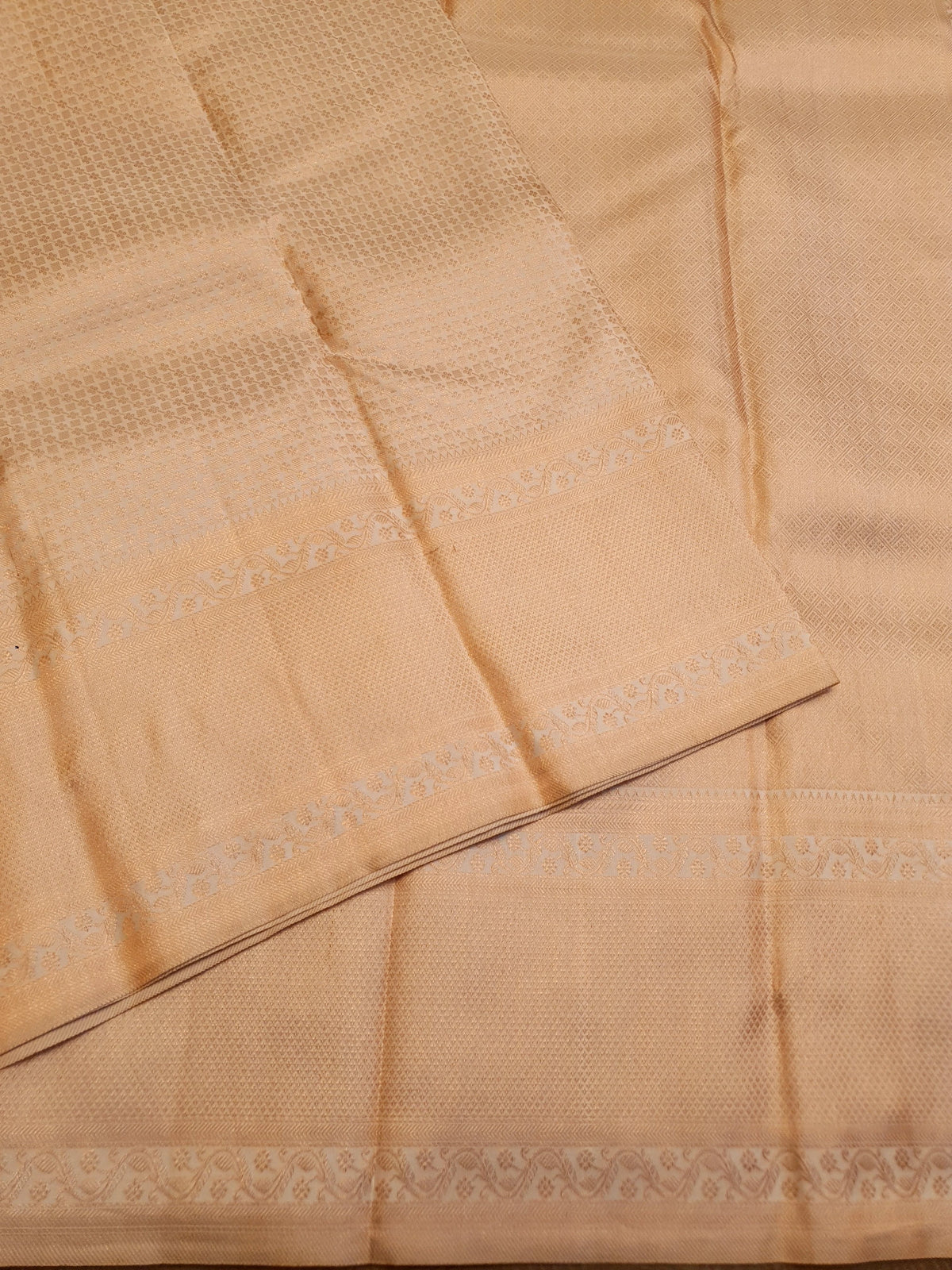 2G Pure Kanjivaram Silk Saree in Cream with All-Over Zari Buttas & Rich Copper Zari Border | Silkmark Certified