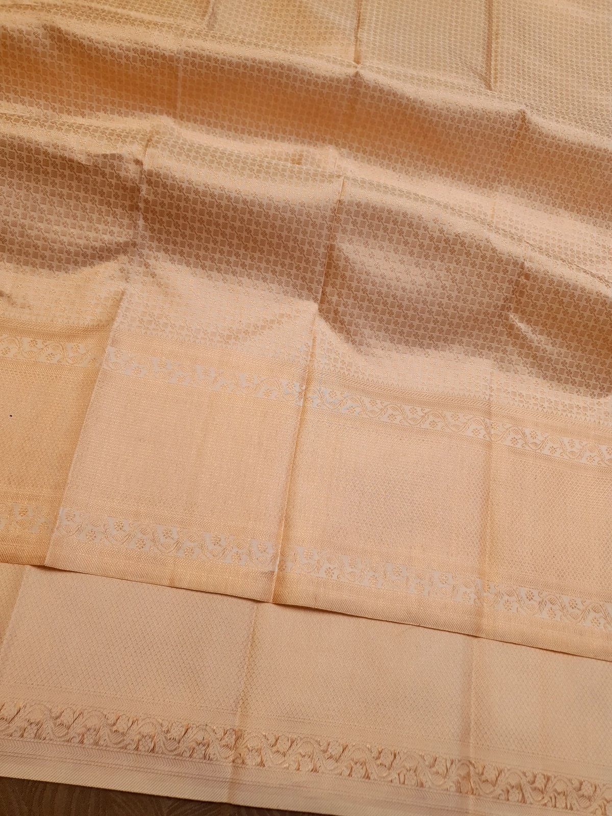 2G Pure Kanjivaram Silk Saree in Cream with All-Over Zari Buttas & Rich Copper Zari Border | Silkmark Certified