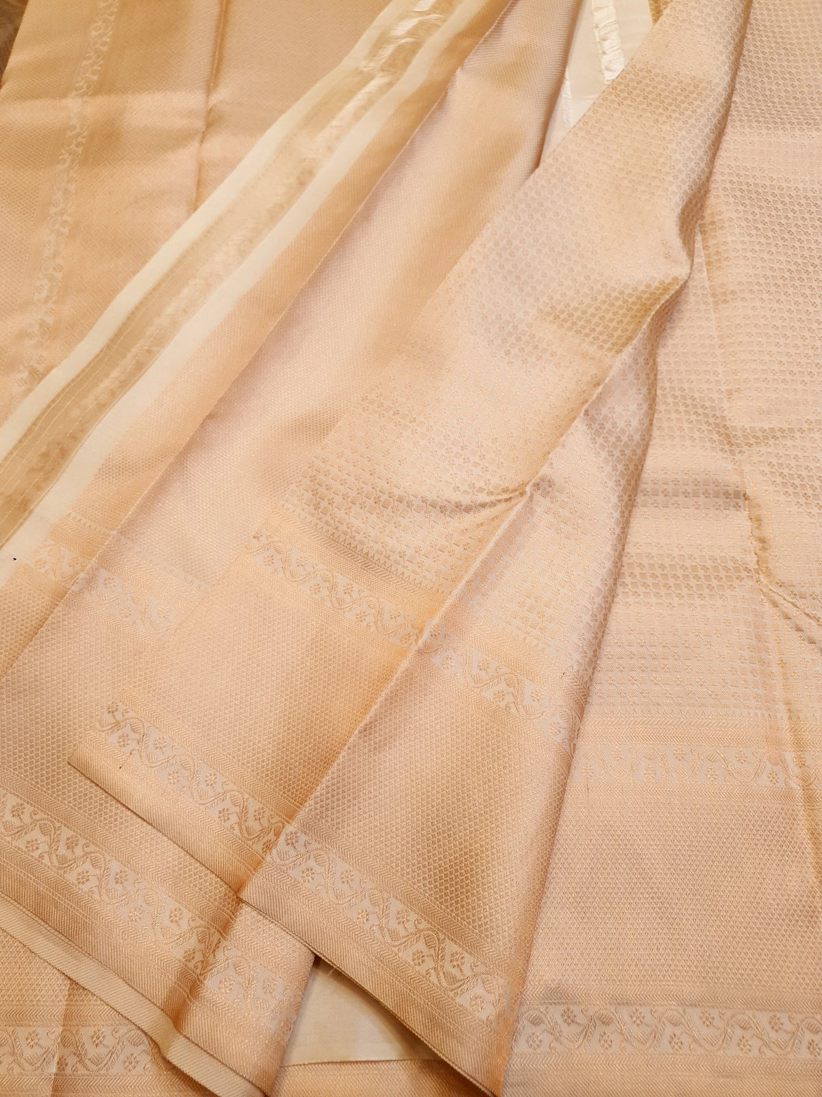 2G Pure Kanjivaram Silk Saree in Cream with All-Over Zari Buttas & Rich Copper Zari Border | Silkmark Certified