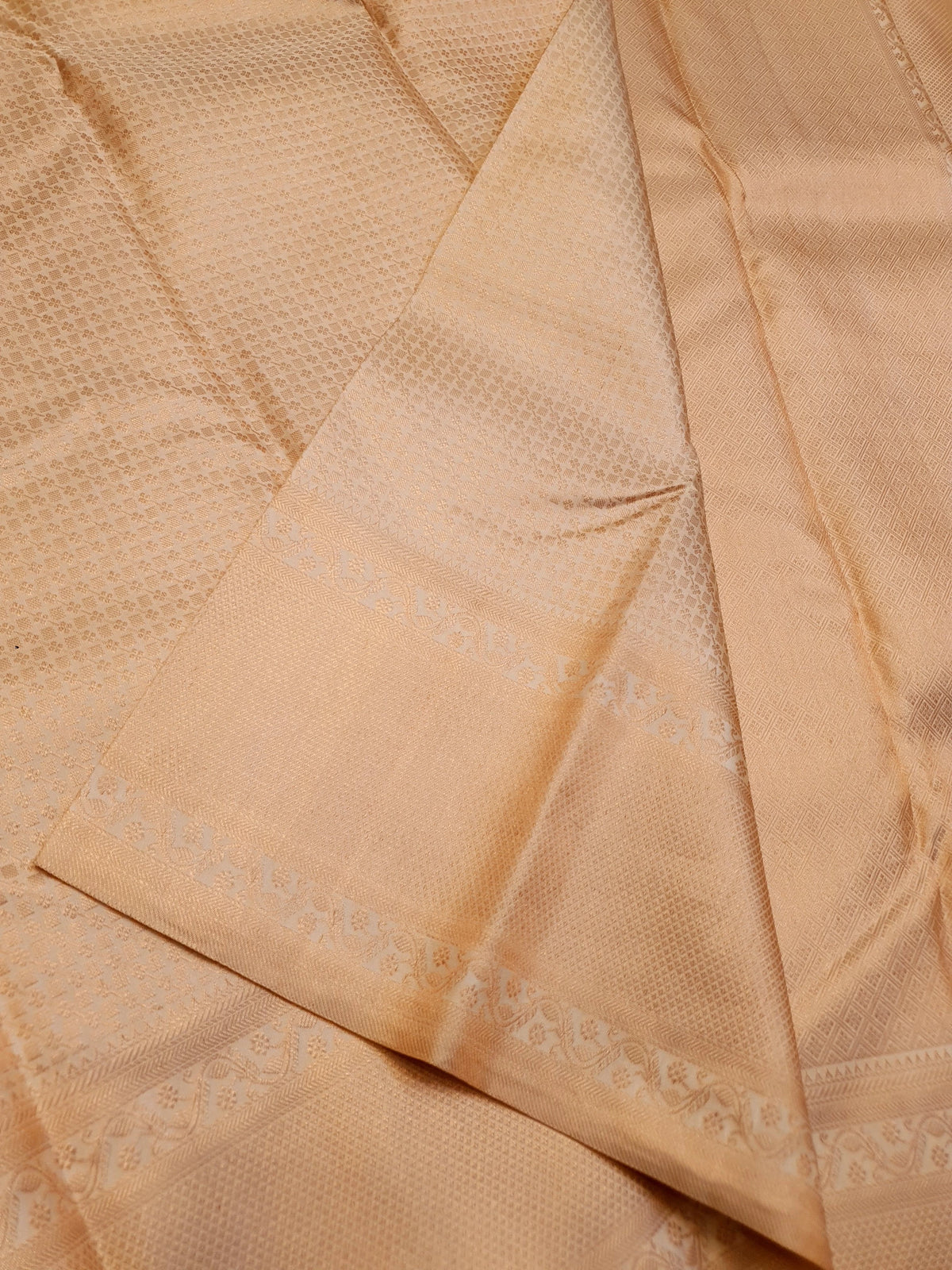 2G Pure Kanjivaram Silk Saree in Cream with All-Over Zari Buttas & Rich Copper Zari Border | Silkmark Certified