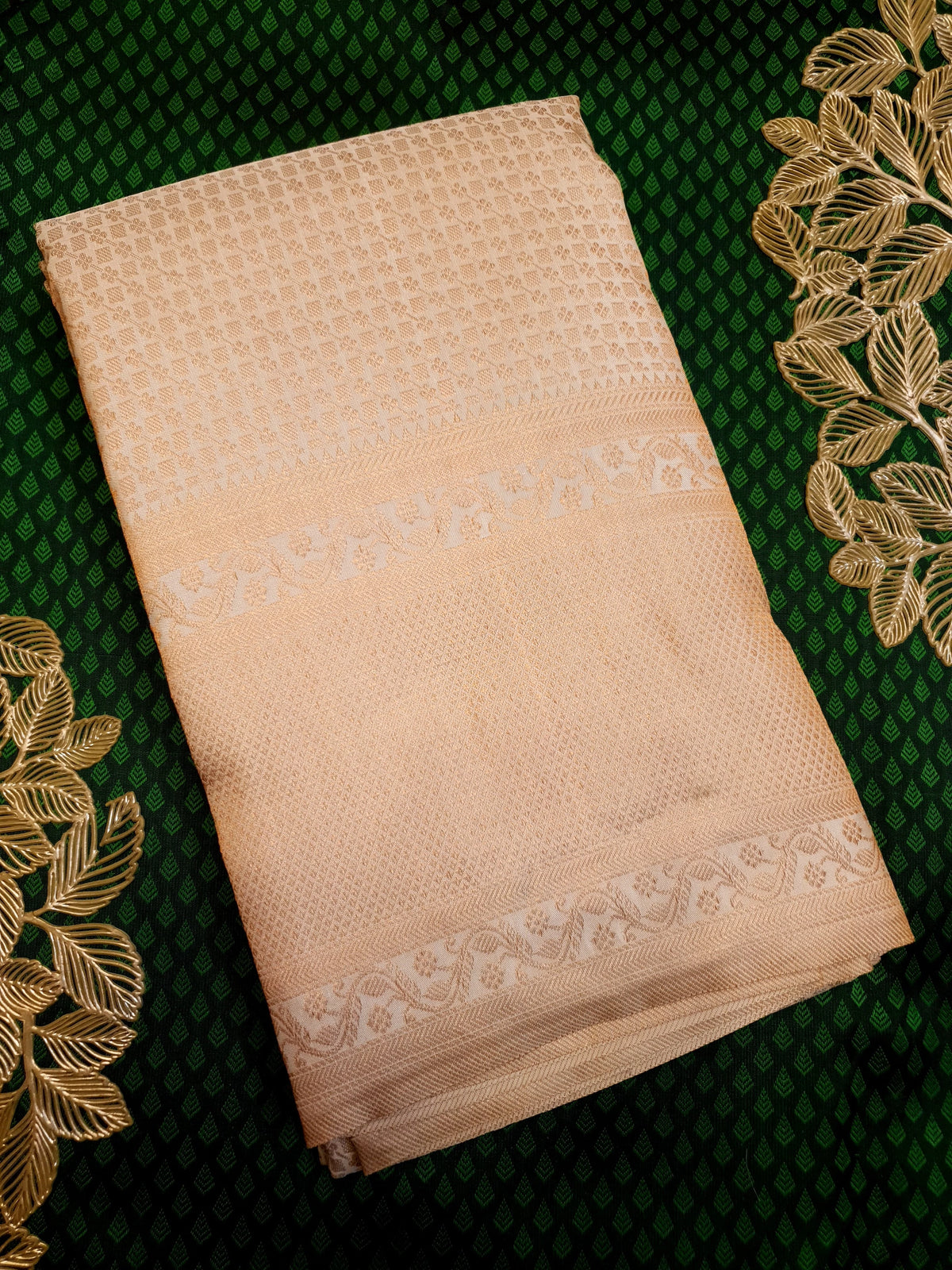 2G Pure Kanjivaram Silk Saree in Cream with All-Over Zari Buttas & Rich Copper Zari Border | Silkmark Certified