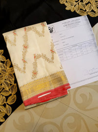 3Gram Pure Zari Kanjivaram Silk Saree in Half White with Chilli Red Border & Gold Zari Floral Parrot Motifs | Silkmark Certified