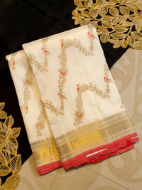 3Gram Pure Zari Kanjivaram Silk Saree in Half White with Chilli Red Border & Gold Zari Floral Parrot Motifs | Silkmark Certified